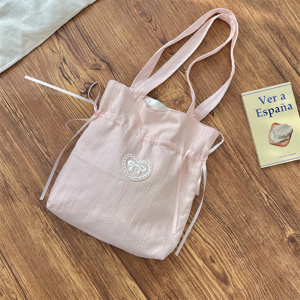 5323 Girlish heart Bow single-shoulder bag, drawstring drawstring canvas bag, fresh handbag, women's shopping bag for shopping Specification drawing