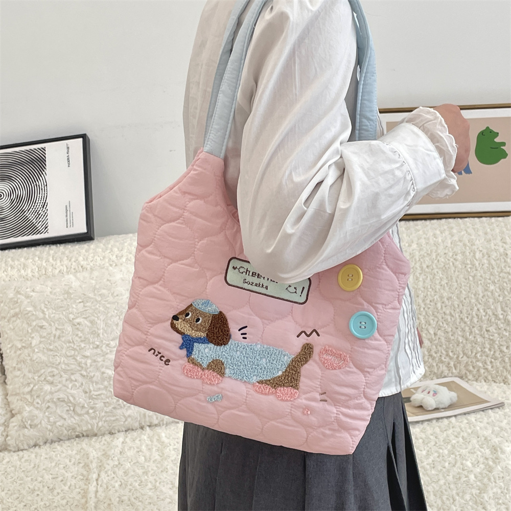 411231 Laid-back style student class backpack, cute embroidered puppy color-blocking single-shoulder bag, large-capacity tote bag Application Scenario