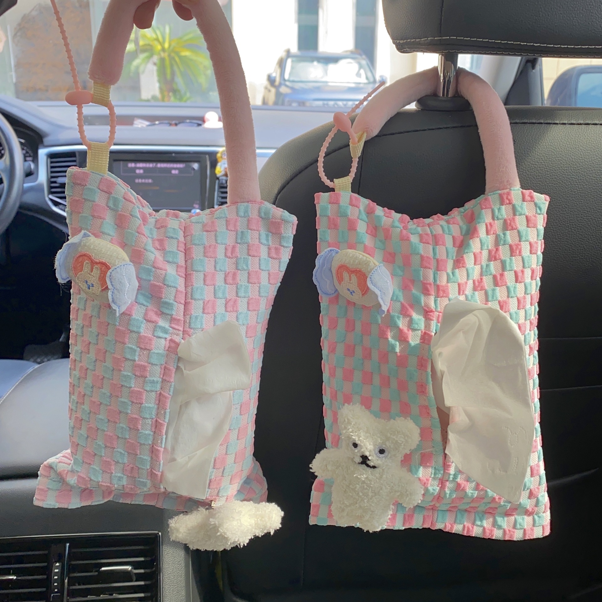 Creative grid car tissue box, fabric high-end feel, car hanging car tissue box, car in-car tissue box hanging bag full figure
