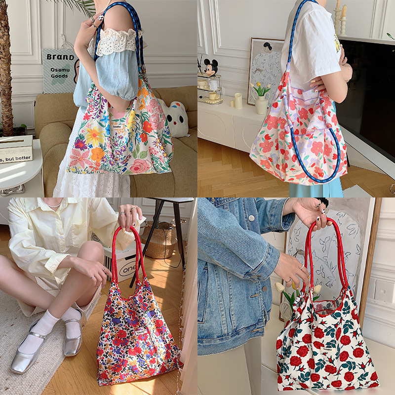 35243 Korean-style summer large-capacity hand-held single-shoulder bag, drawstring shopping bag, fresh floral tote bag, underarm bag full figure
