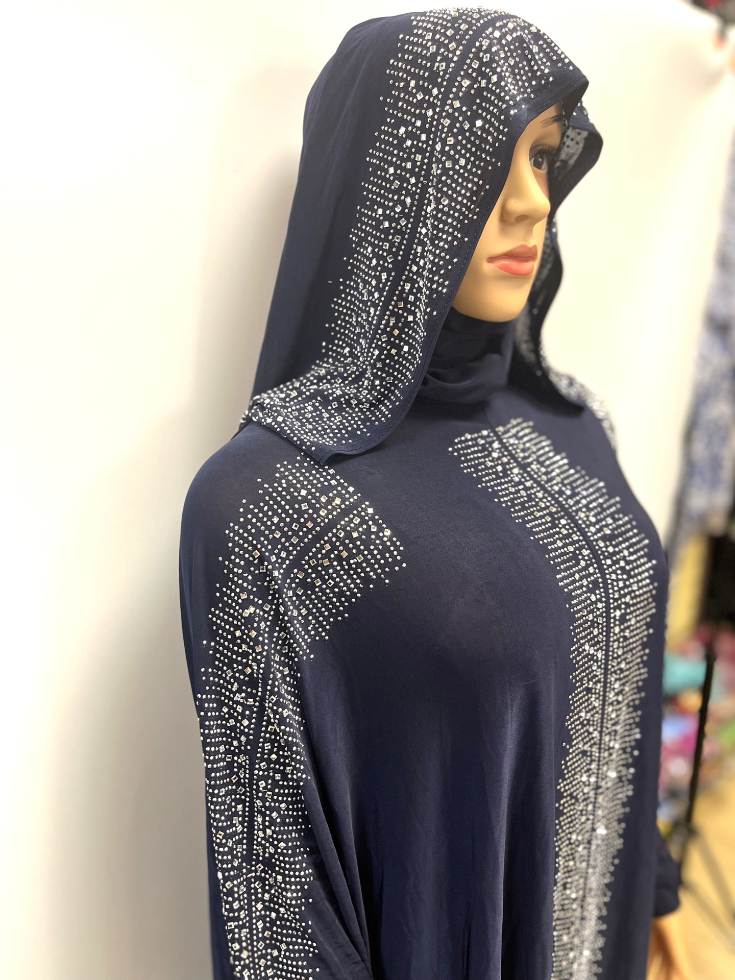 Manufacturer's cross-border large-sized African-style ice silk hot diamond double hat loose prayer dress, set skirt, Arab burqa, abaya long robe, women's hooded Muslim Item Picture