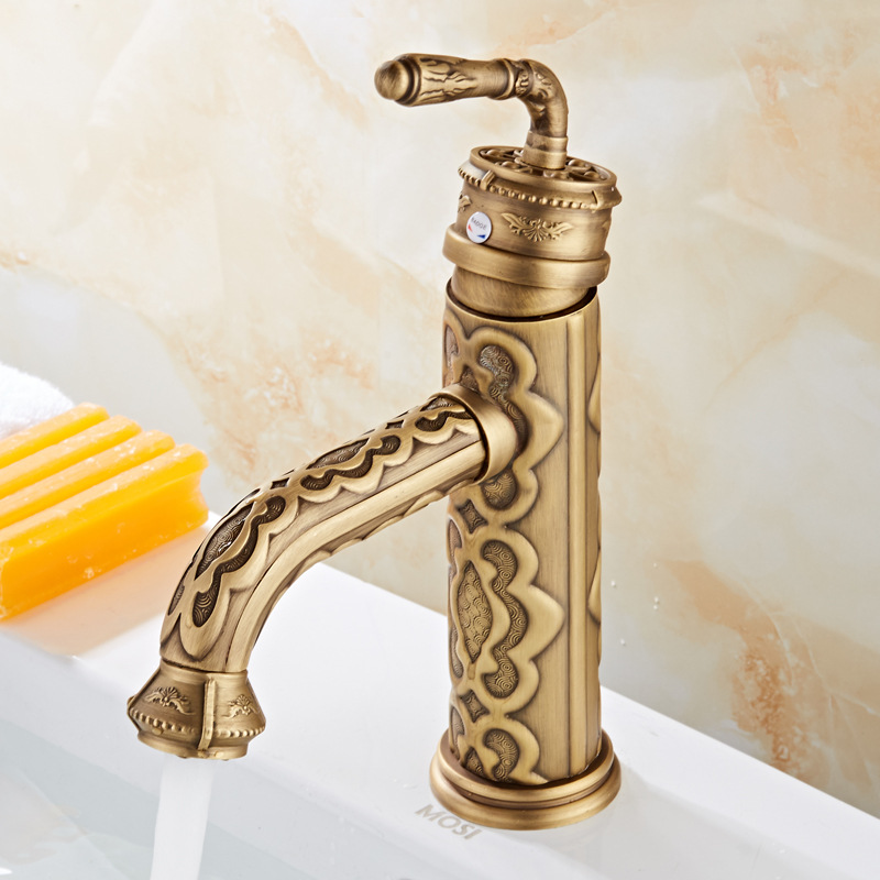 European-style all-copper retro carved faucet, European-style antique washbasin faucet, cold and hot water basin faucet Specification drawing