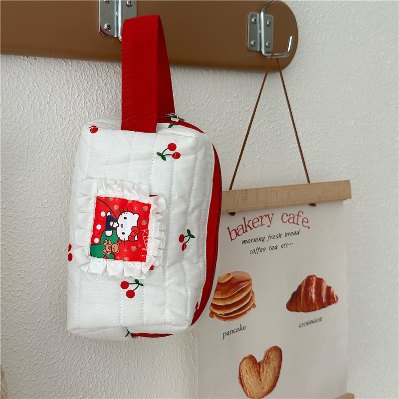 Cherry cat makeup bag, large capacity, Ins-style cute storage bag, student portable stationery bag, portable toiletry bag details Picture