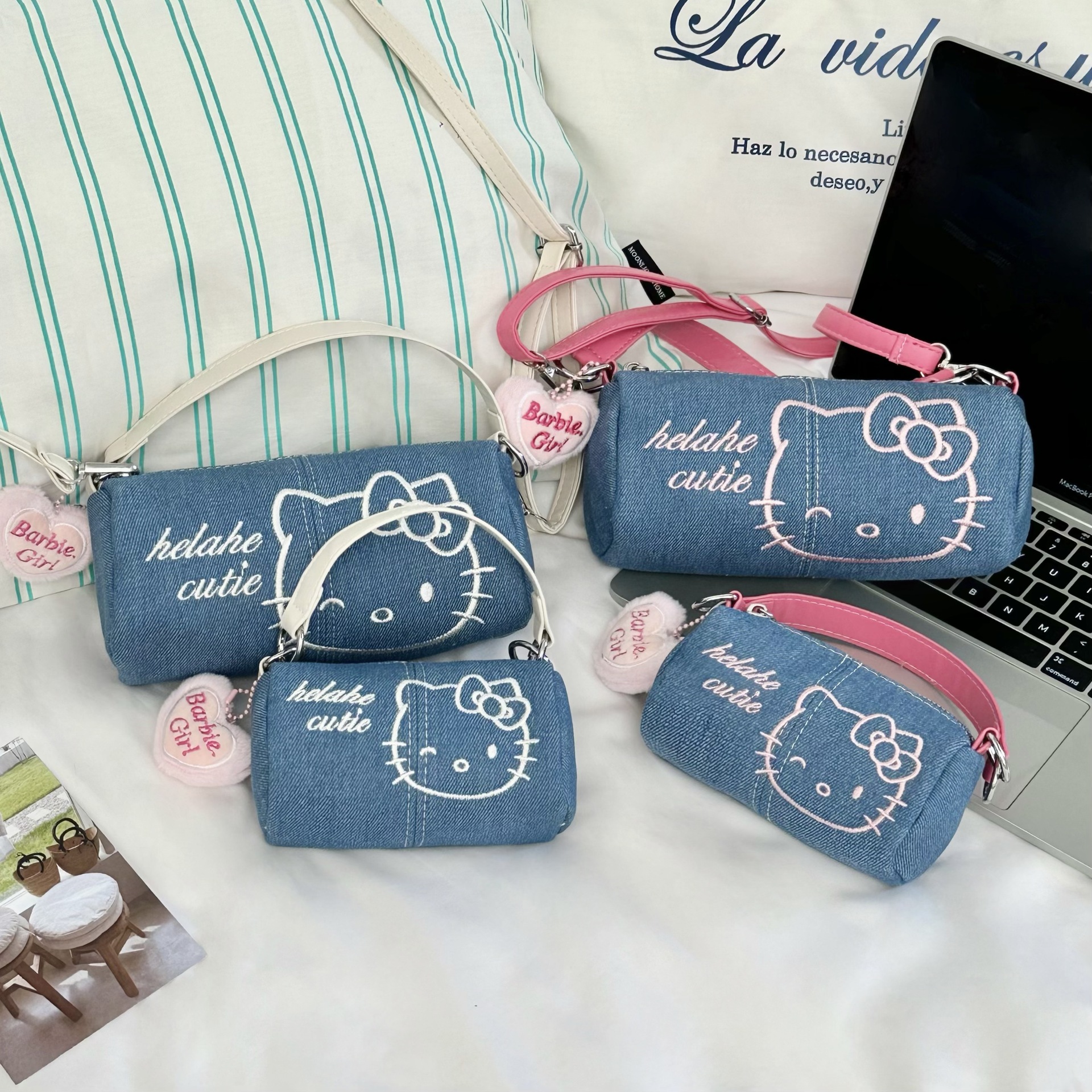 Cartoon cat crossbody bag 2025 new style denim mini cylinder bag Cat embroidery hand-held small bag Mobile phone case full figure