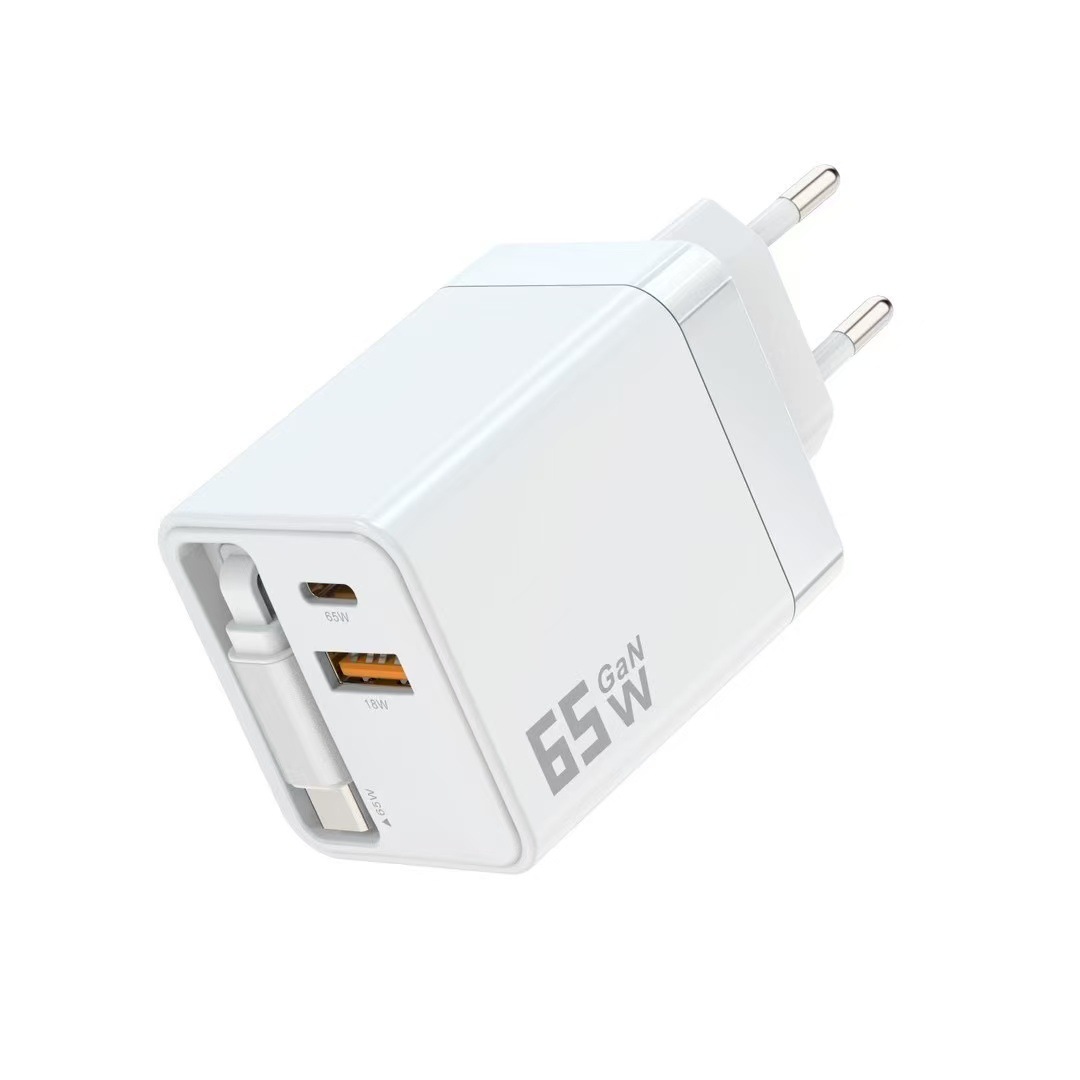 65W dual-port cable adapter, 65W extendable cable TYPE-C charger, CE certified 65W extendable cable charger Specification drawing