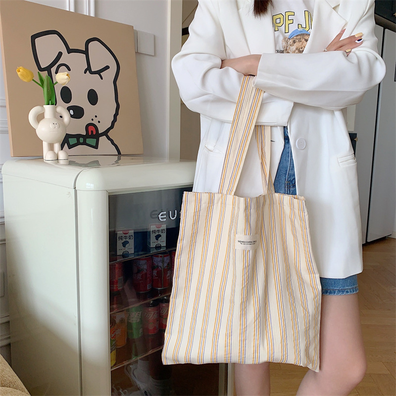 34226 New style striped single-shoulder bag, large-capacity canvas bag, Korean version for women, work cloth bag, student schoolbag details Picture