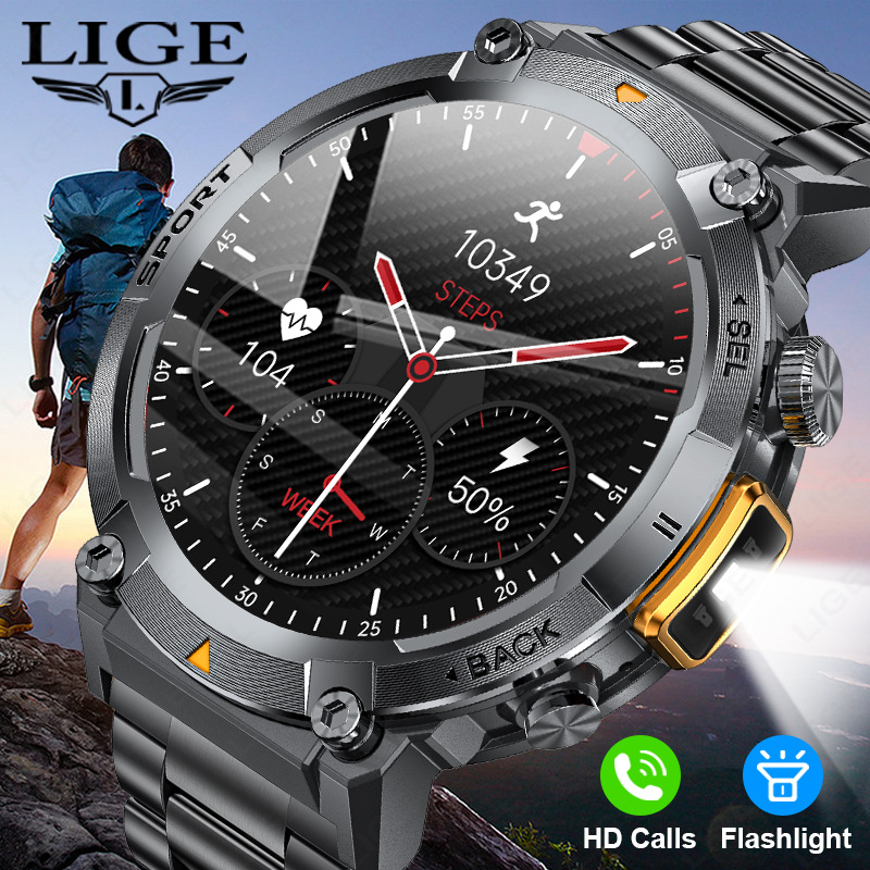 LIGE/ New S100 outdoor smartwatch Bluetooth call flashlight information push sports waterproof watch full figure