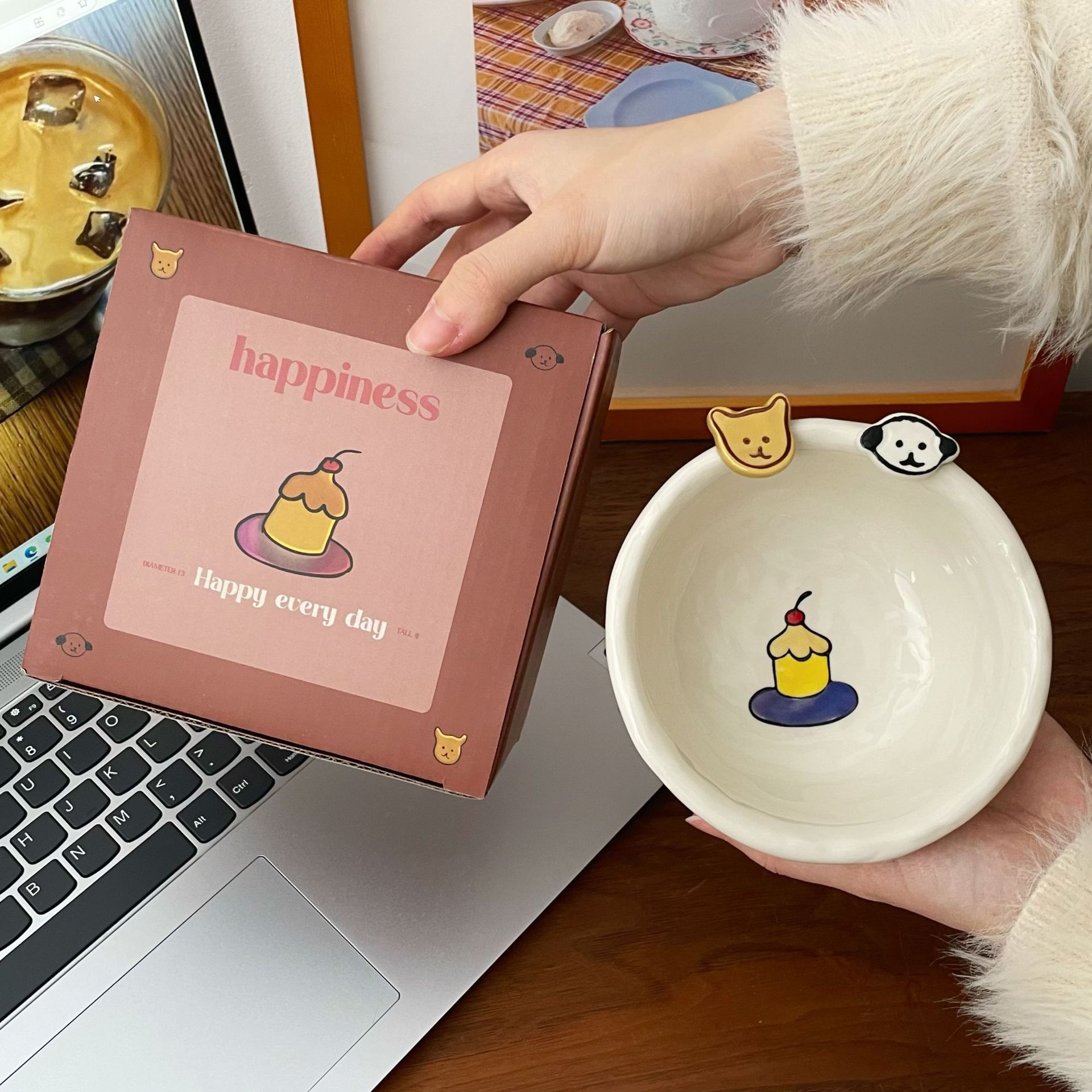 Button Ceramic puppy rice bowl 2025 New Household rice bowl, Salad bowl, yogurt bowl, birthday gift box set Application Scenario