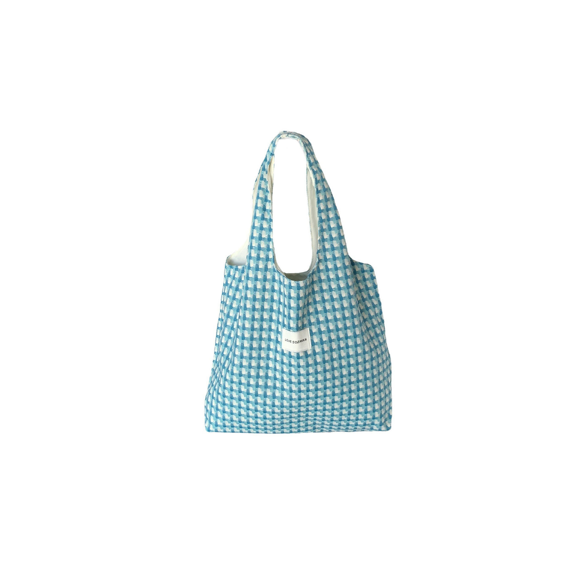 28161 Korean version refreshing lake blue vest bag, fashionable checked woven hand-held shoulder bag, student class cloth bag Item Picture