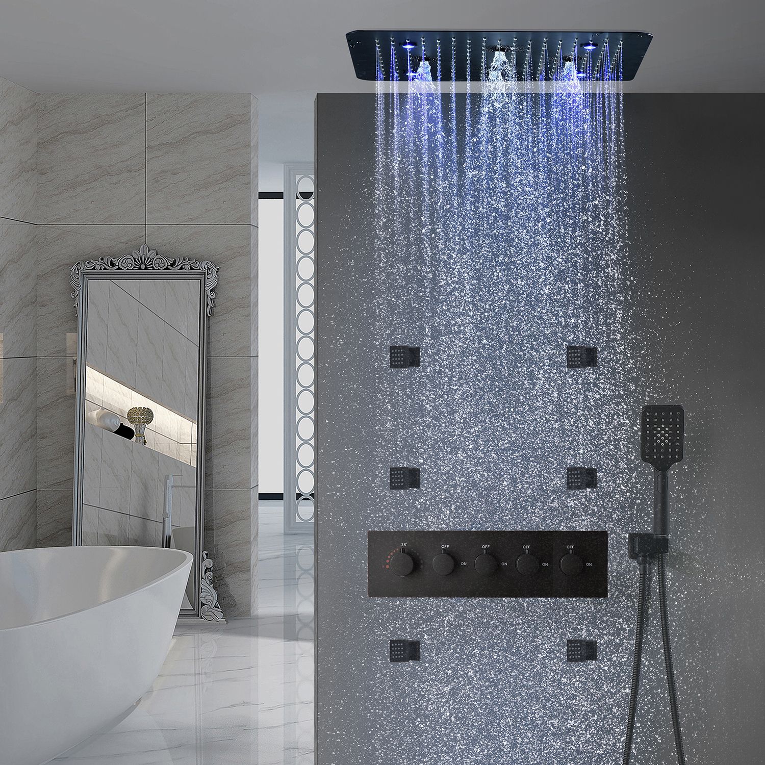 Black ultra-thin stainless steel top spray, seven-color light, automatic color change, multi-functional water outlet, constant-temperature shower head Specification drawing