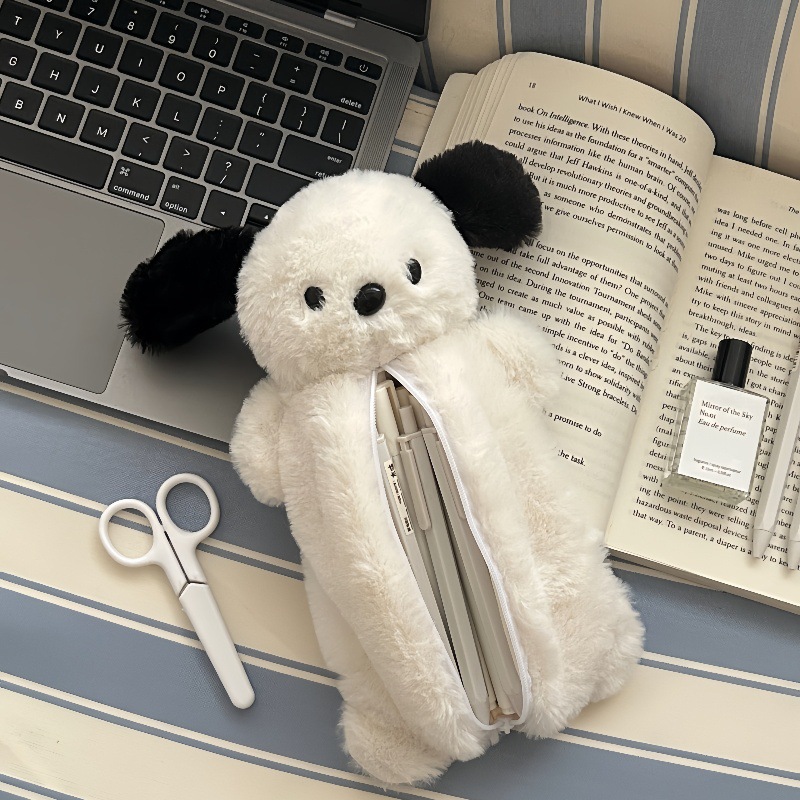 Creative cartoon puppy plush pen case, cute doll, soft and soothing doll pen case, student stationery storage bag Specification drawing