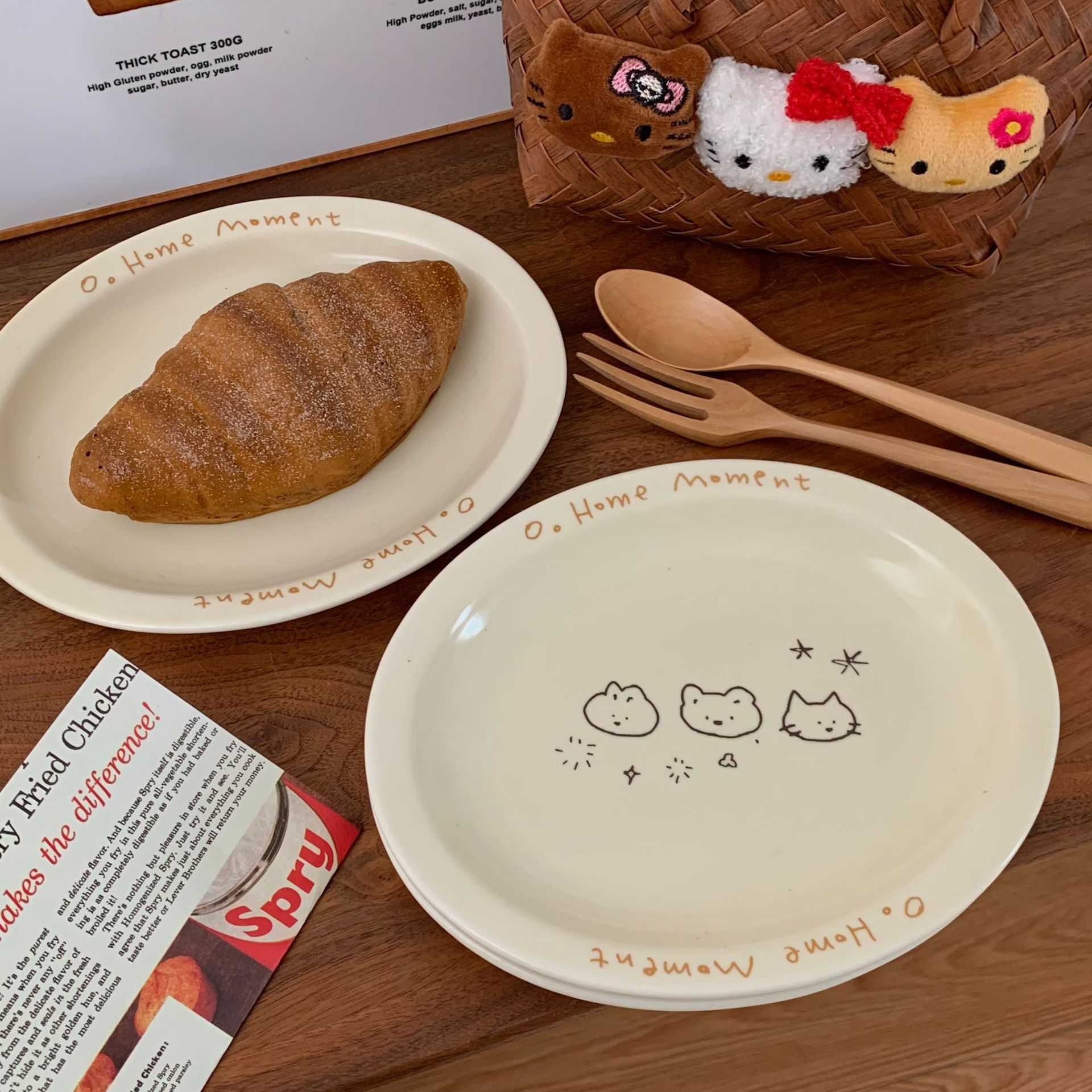 Cream-colored star cat, inS-style Korean illustration animal plate, high appearance level salad breakfast fruit dessert plate details Picture