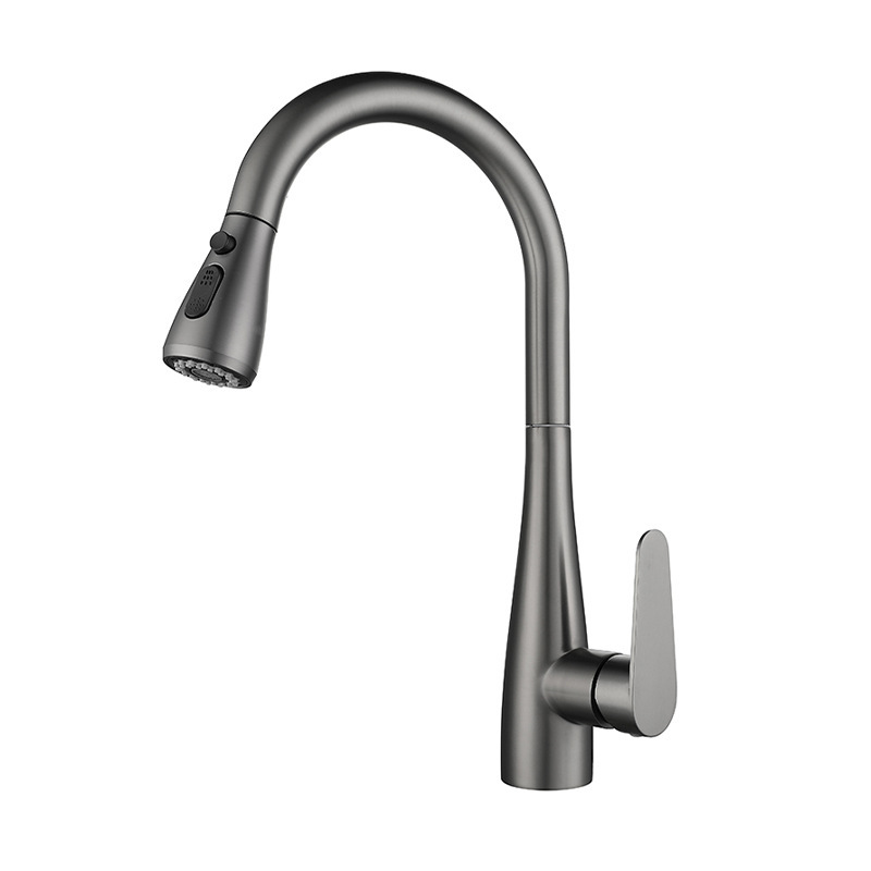 The gray kitchen of the foreign trade gun features a pull-out cold and hot water sink with a rotating dual-mode water outlet and a black faucet Item Picture