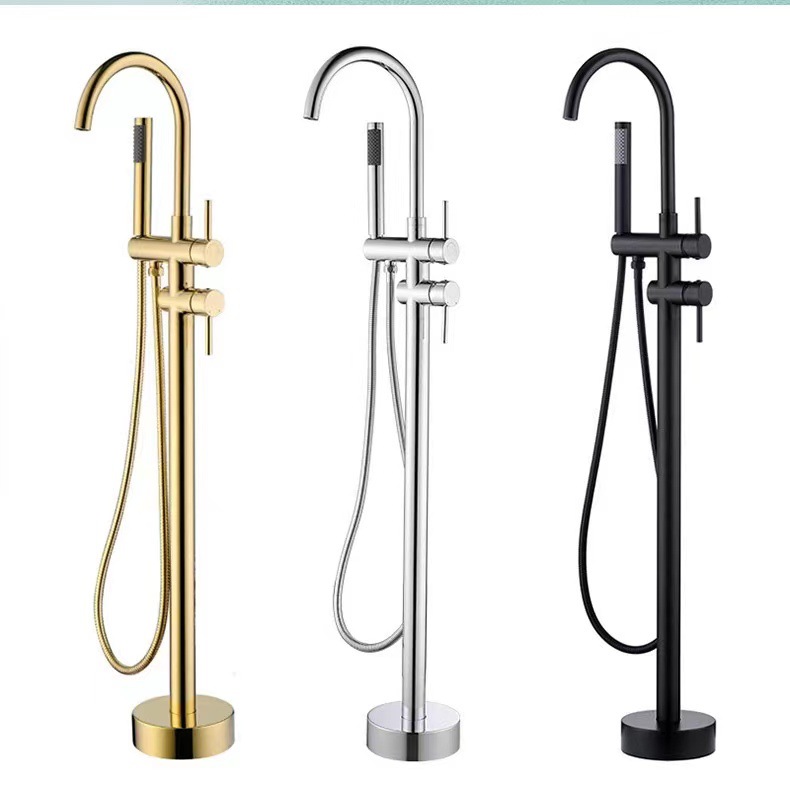 All-copper gold floor-standing bathtub faucet, gun gray brushed gold column basin shower faucet, hotel floor-standing showerhead full figure
