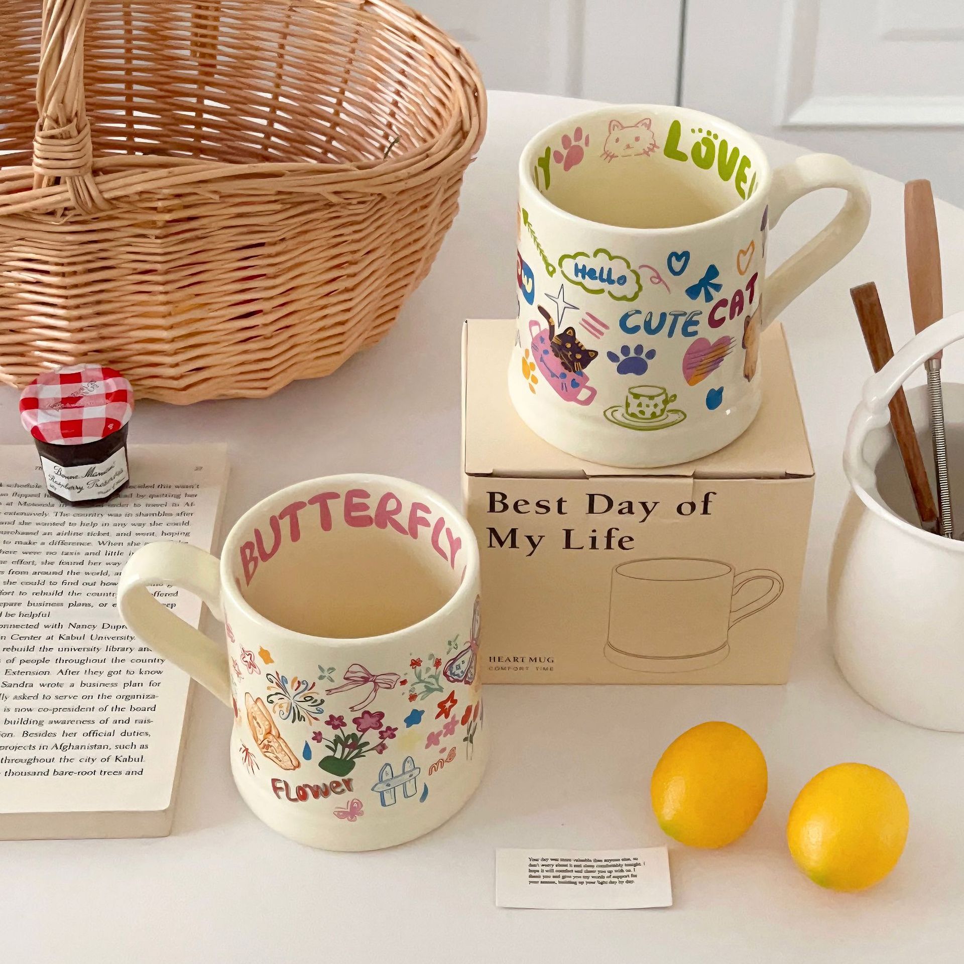 Creative and cute cat mugs, graffiti milk cups, coffee cups, household water cups, birthday gifts, ceramic cups Specification drawing