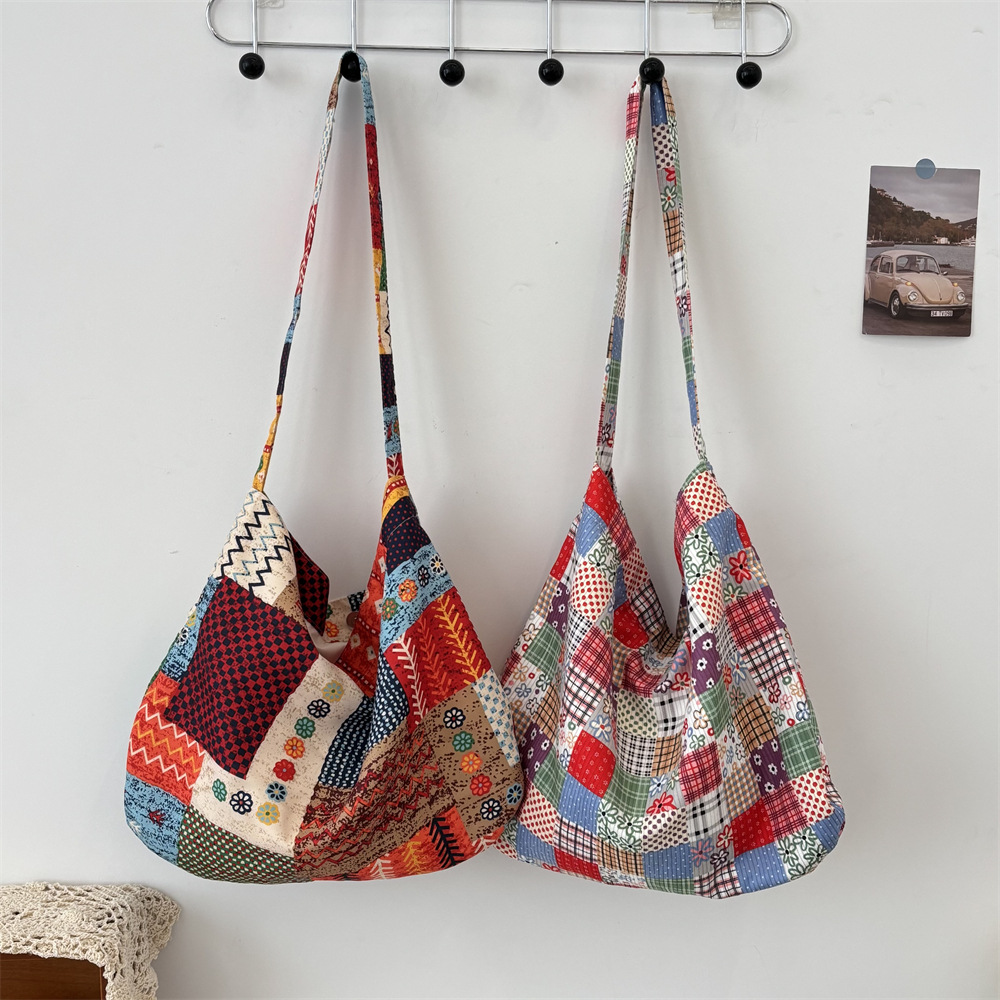 5391 New retro ethnic style color-blocking collage single-shoulder crossbody bag with large capacity underarm canvas bag for women full figure