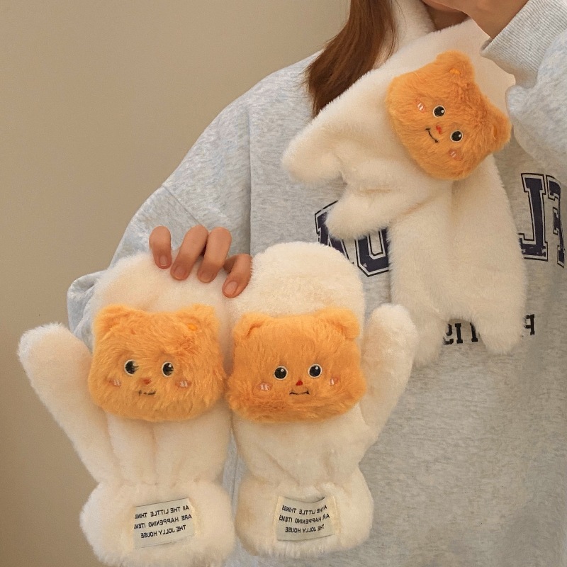 Cute butter little figure gloves for women, winter fleece warmth, versatile and fluffy cycling gloves for cold and wind protection Specification drawing