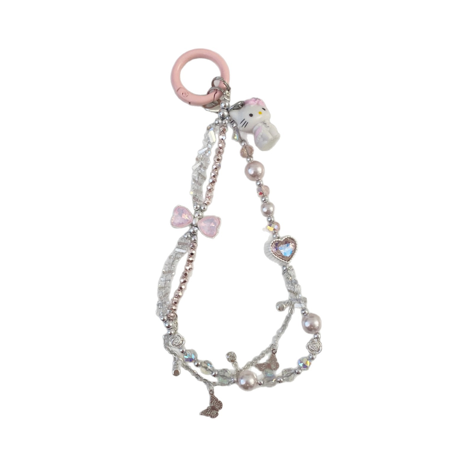 Cute cat phone pendant chain, ins girlish keychain, pink bow beaded wrist exquisite chain Item Picture