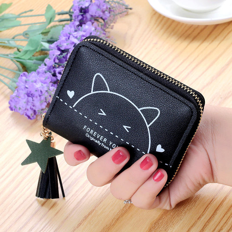 2021 New style wallet, cute cat print zipper mini wallet, simple and fresh short coin purse card case full figure