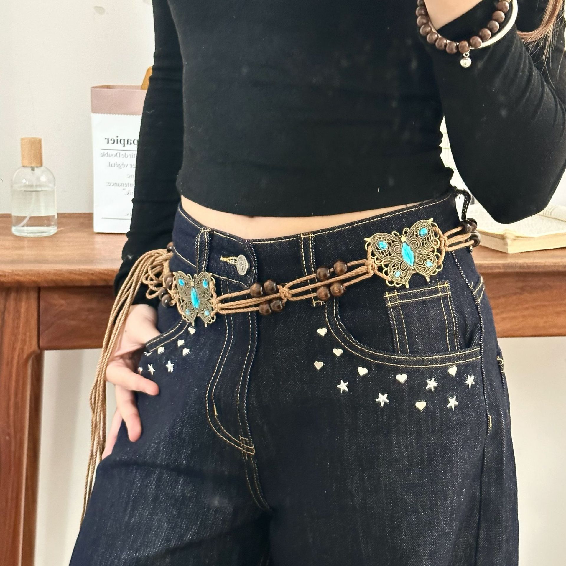 Bohemian-style waist belt, hand-woven hemp rope, ethnic-style women's waist belt, waist accessory, casual vacation style waist rope full figure