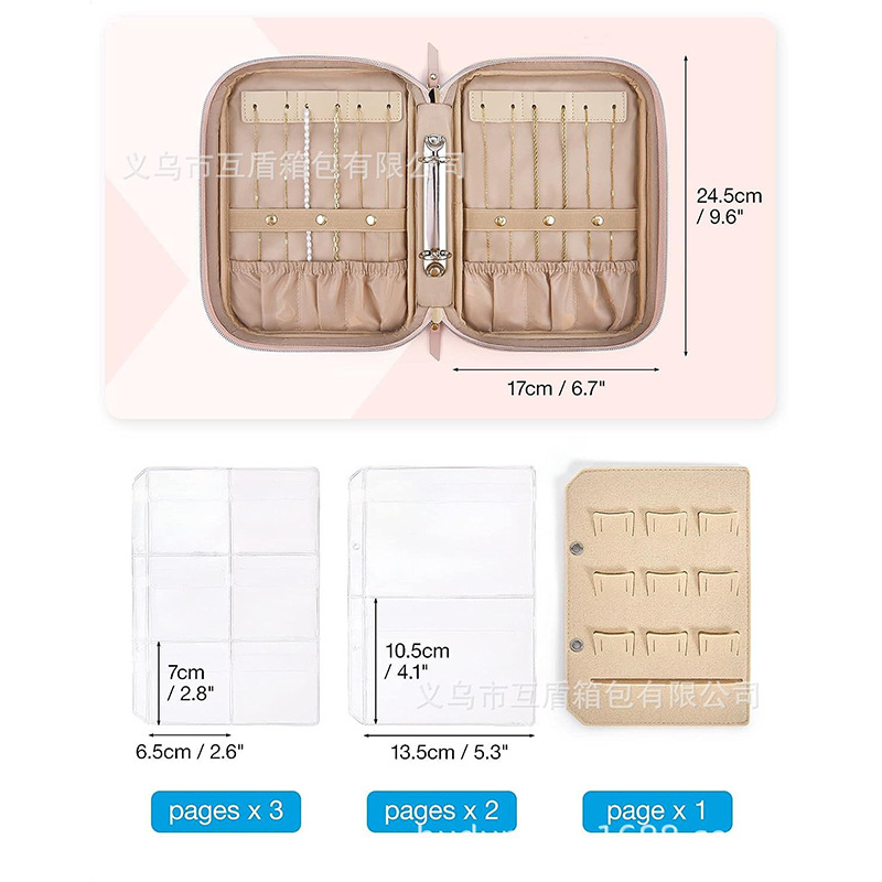 Jewelry travel storage box, book ring, loose-leaf binder, jewelry bag, transparent booklet, zipper, necklace, earrings and ring details Picture