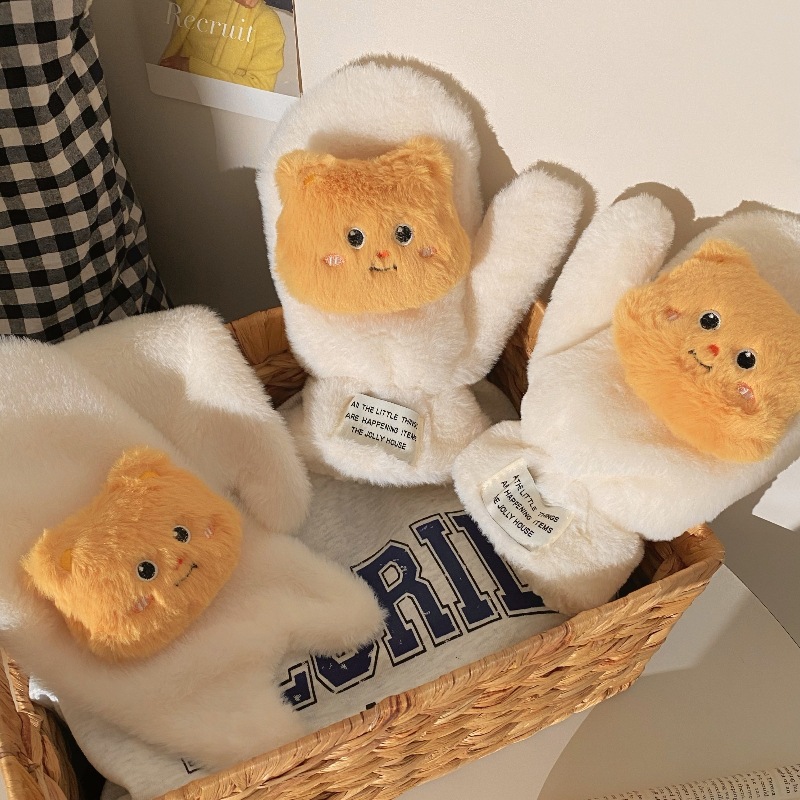 Cute butter little figure gloves for women, winter fleece warmth, versatile and fluffy cycling gloves for cold and wind protection Item Picture