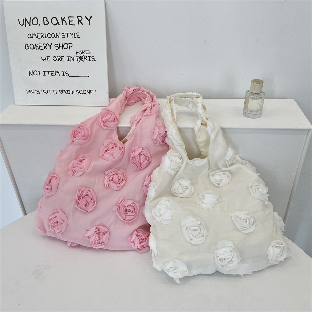54162 Korean version, high appearance level, niche three-dimensional flower single-shoulder bag, travel and vacation canvas bag, large capacity vest bag full figure