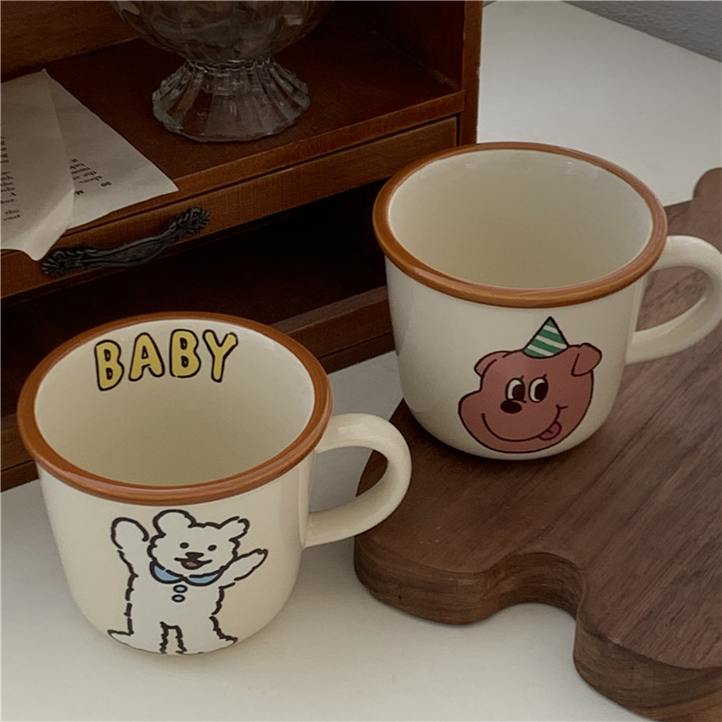 Korean-style retro bear and dog ceramic cups, cute cartoon mugs, couple breakfast water cups, milk cups full figure
