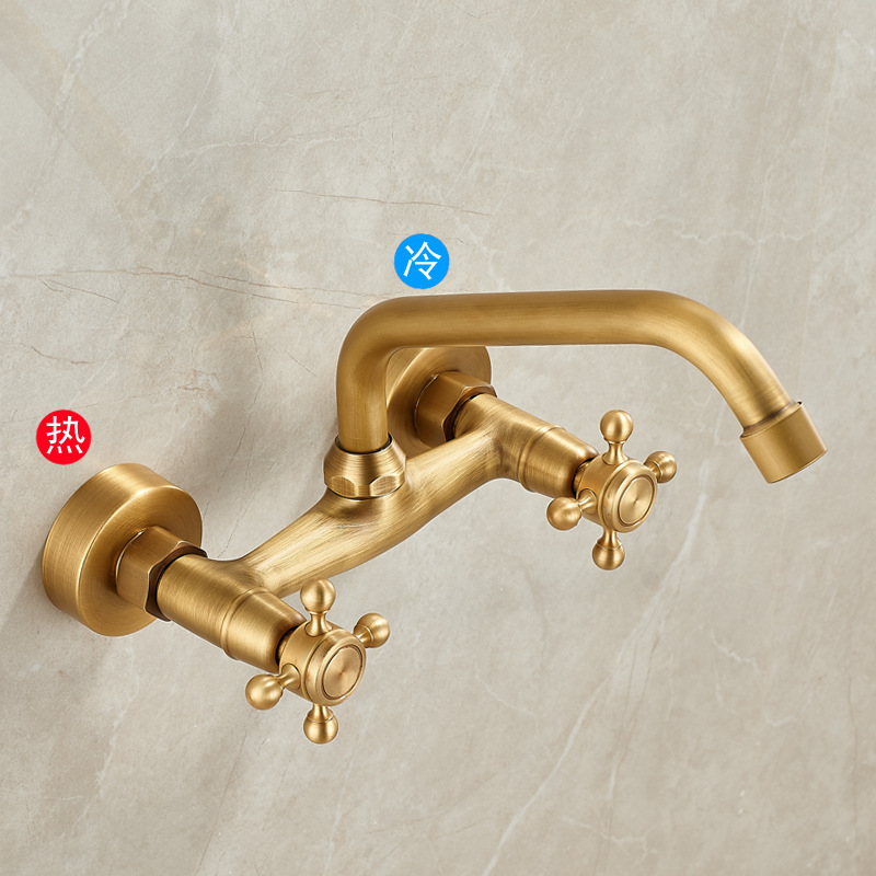 Antique copper-colored wall-mounted water outlet, all-copper antique wall-mounted hot and cold water rotatable, retro wall-mounted faucet details Picture