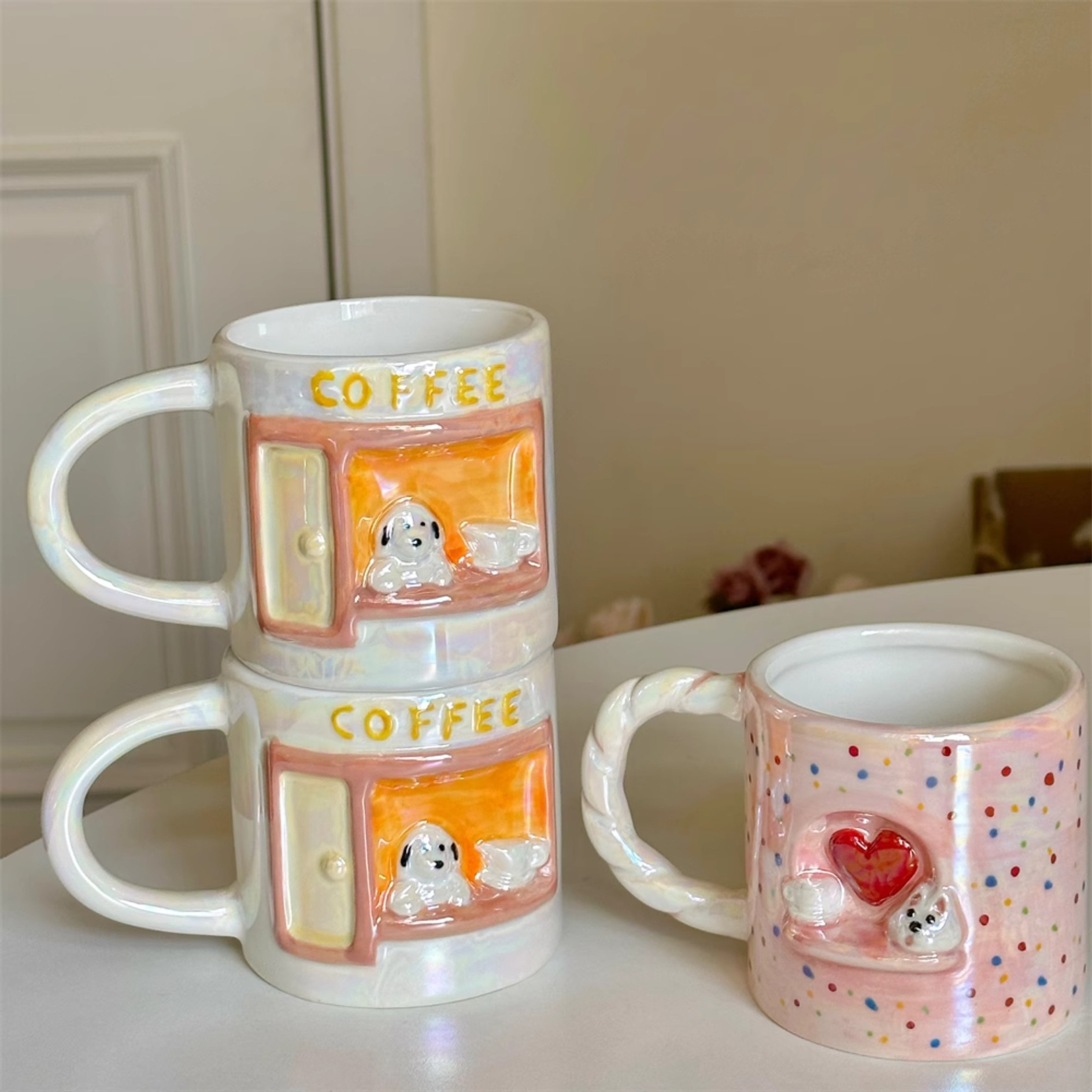 Cute pearlescent embossed puppy mug, girlish heart, high appearance level ceramic cup, couple breakfast coffee cup, water cup details Picture