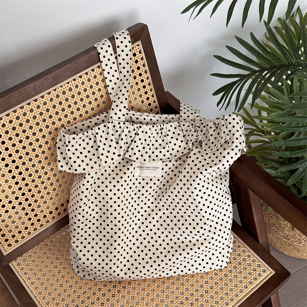 46191 Korean ins polka dot lace canvas bag, women's single-shoulder large-capacity tote bag, student commuting bag for class details Picture