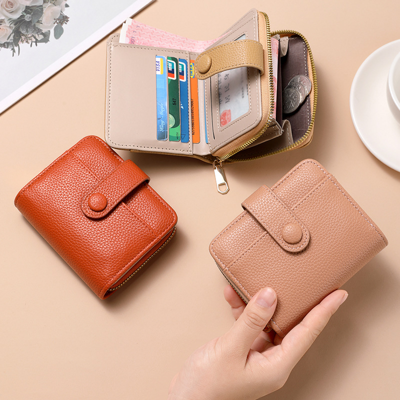 New cross-border zipper coin purse, short wallet, women's fashion solid color lychee pattern multi-slot wallet full figure