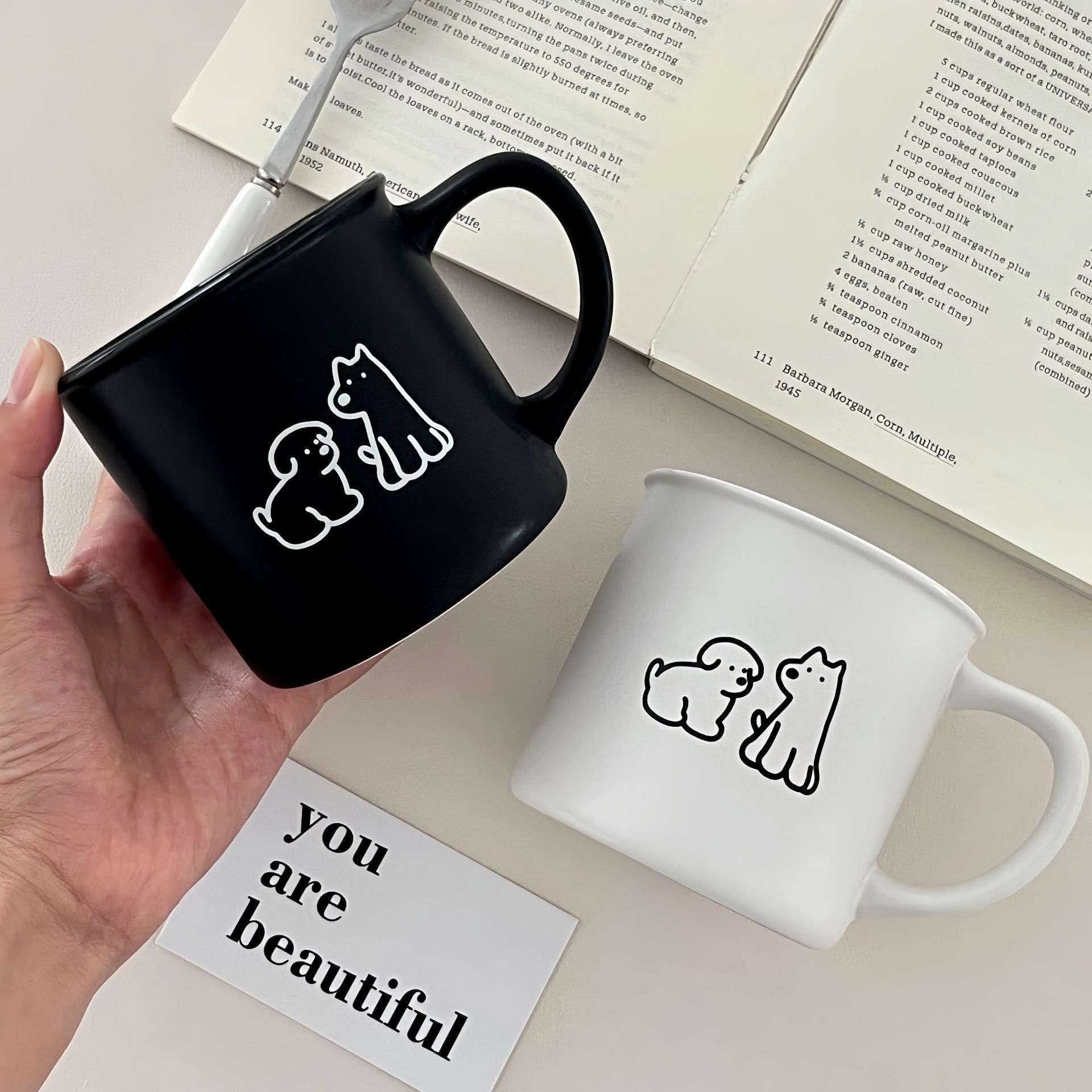 High-end frosted puppy mug, Korean version of ins breakfast coffee cup, ceramic cup, black and white couple cup gift box set Specification drawing