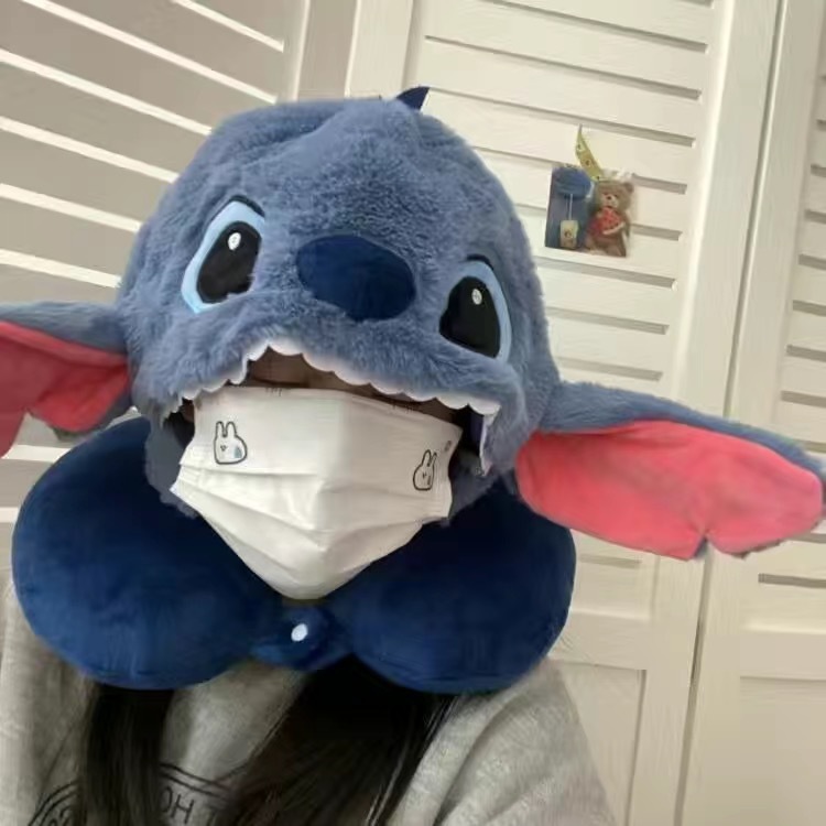 Creative and cute three-dimensional neck protection U-shaped pillow, big ears cartoon hooded U-shaped pillow, travel and leisure nap plush neck pillow details Picture