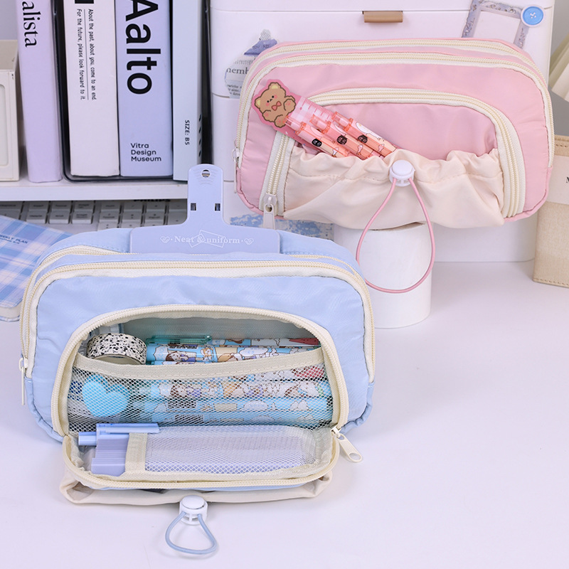 Five-layer large-capacity pen case for girls, new simple and high-appearation-level stationery box for junior high school and primary school students, retractable drawstring pen case Specification drawing