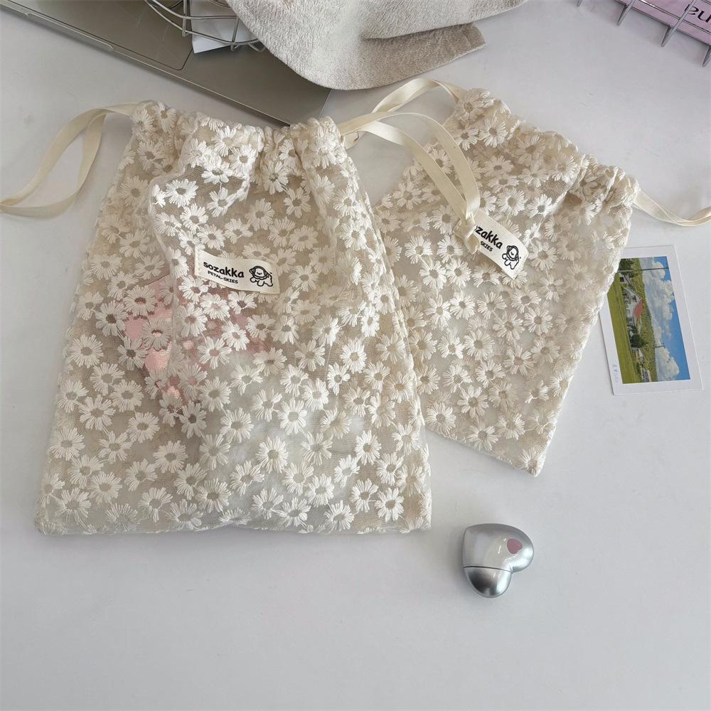 5361 Mesh lace embroidered Daisy storage bag, drawstring bag, travel skincare product sorting bag, miscellaneous storage bag Specification drawing