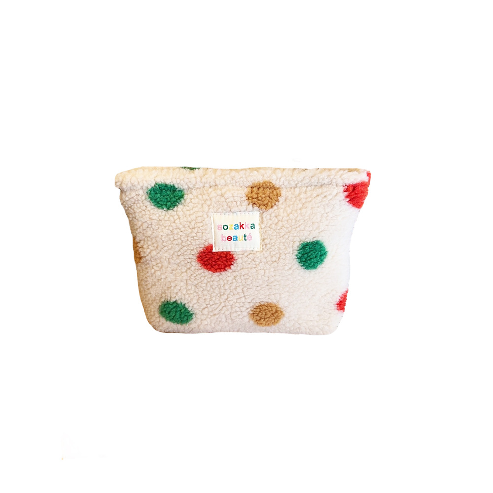 4123 InS-style Winter plush Makeup Bag with colorful polka dots and large capacity Travel skin care and cosmetics Storage Bag for women Item Picture