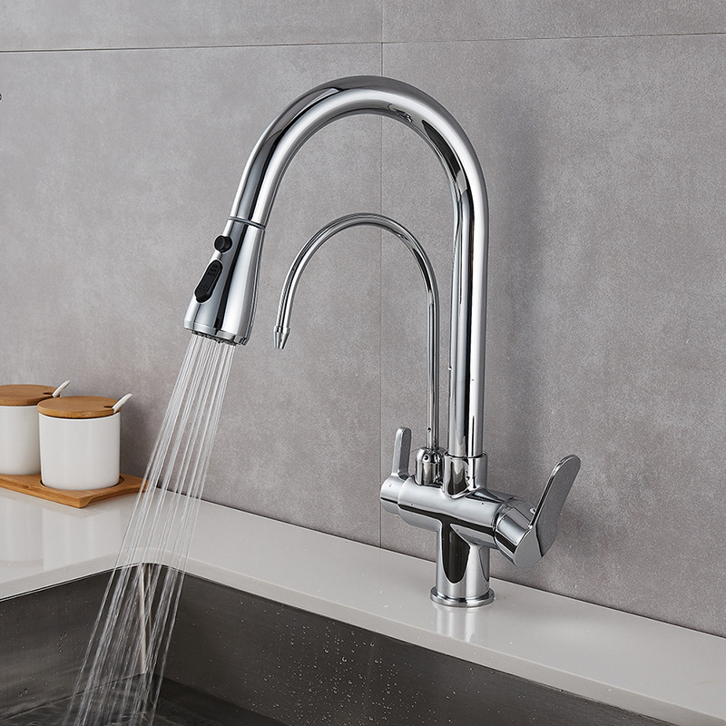 American-style kitchen faucet with pure water faucet, all-copper hot and cold water pull-out sink faucet, and sink faucet details Picture