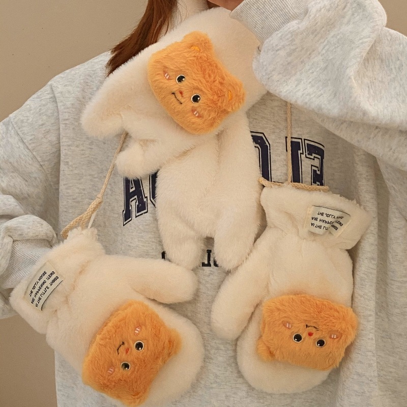Cute butter little figure gloves for women, winter fleece warmth, versatile and fluffy cycling gloves for cold and wind protection full figure