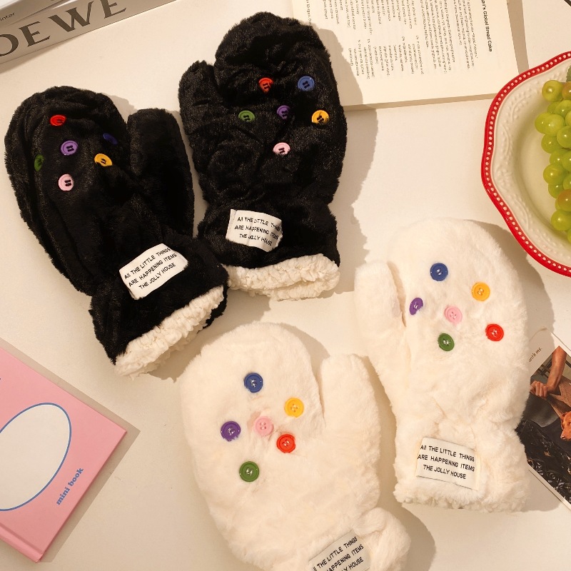 2024 Colorful button plush gloves for women's winter warmth, thick and fluffy gloves with fingers that can be worn around the neck Application Scenario