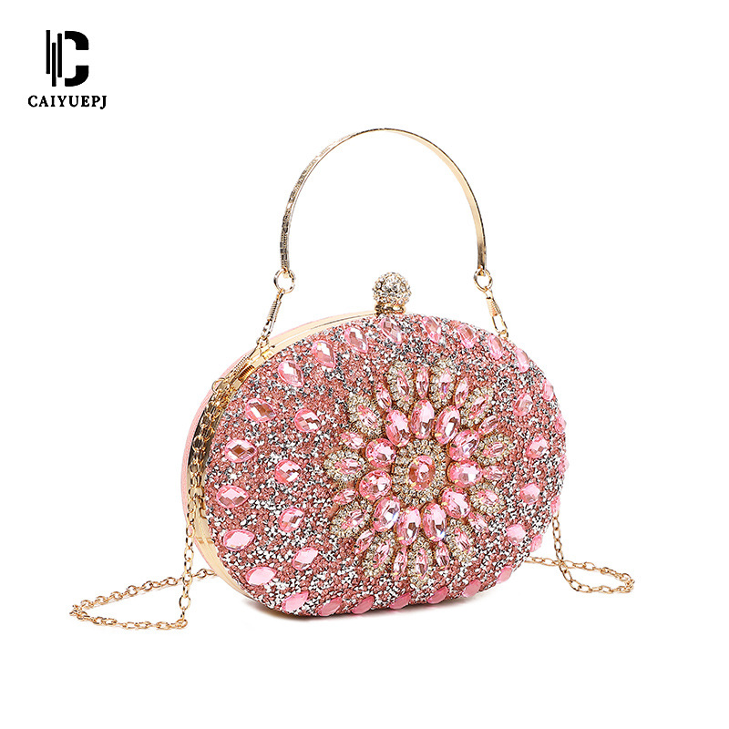 Cross-border new diamond clutch bag, dinner bag, oval single-shoulder bag, hand-held cheongsam bag, shell bag Item Picture