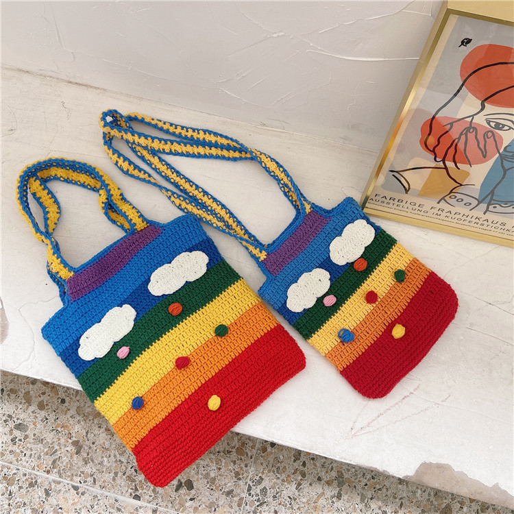 912301 Thai Rainbow Bag, Girlish Woven Bag, ins Sweet woolen Knitted Bag, single-shoulder crossbody bag wholesale full figure
