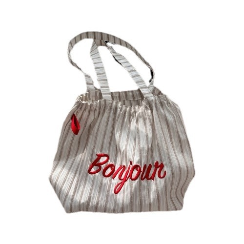 4922 Korean-style ins striped letter-embroidered single-shoulder tote bag, drawstring large-capacity canvas bag, commuter shopping bag Item Picture