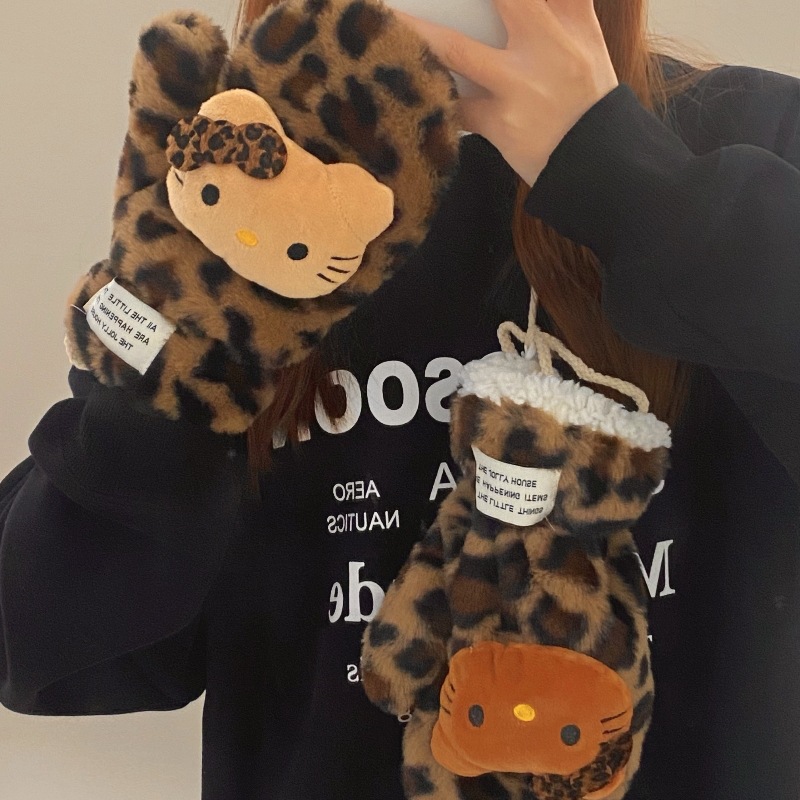 High appearance level leopard print cat gloves, women's winter plush gloves, student cold-proof cycling warm fleece and thickened gloves details Picture