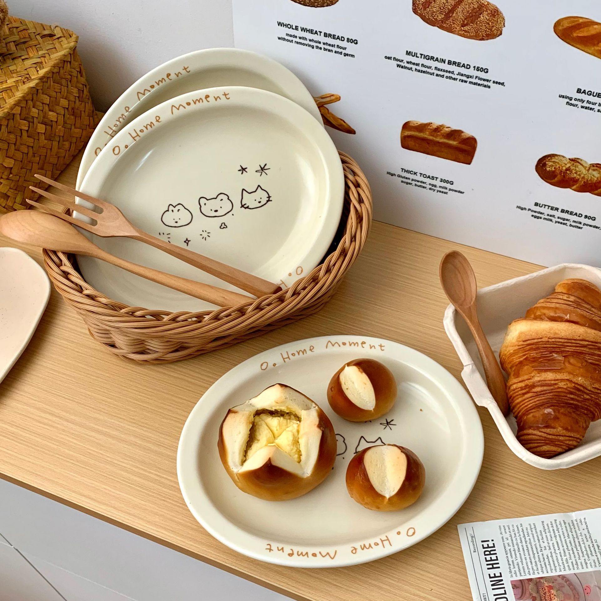 Cream-colored star cat, inS-style Korean illustration animal plate, high appearance level salad breakfast fruit dessert plate Specification drawing