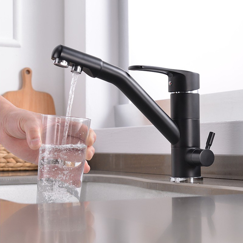 Factory direct supply of all-copper radish three-in-one kitchen cold and hot water mixing faucet, black pure water direct drinking faucet Specification drawing
