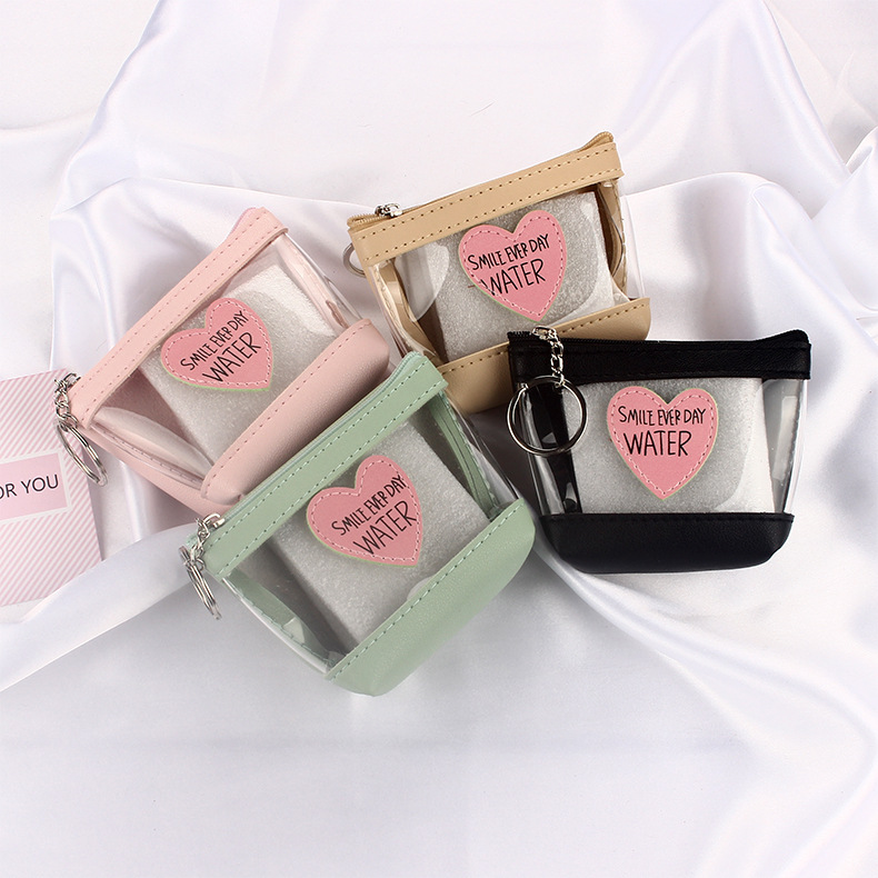 Pink and tender, transparent heart-shaped jelly coin purse, ins Korean version square data cable earphone waterproof storage case full figure