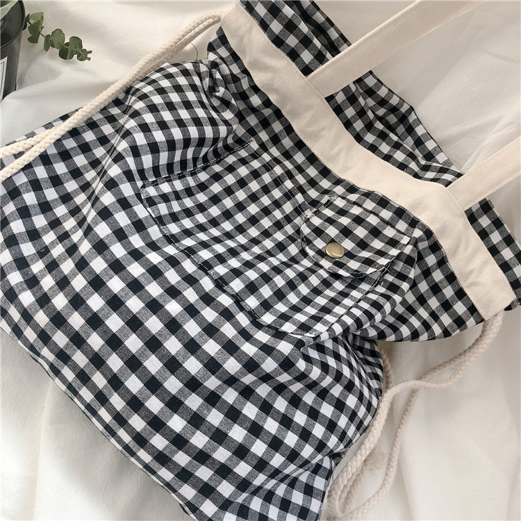 03172 Japanese ins canvas Bag 2020 New Style hand-held drawstring single-shoulder bag, artistic check student cloth bag wholesale Item Picture