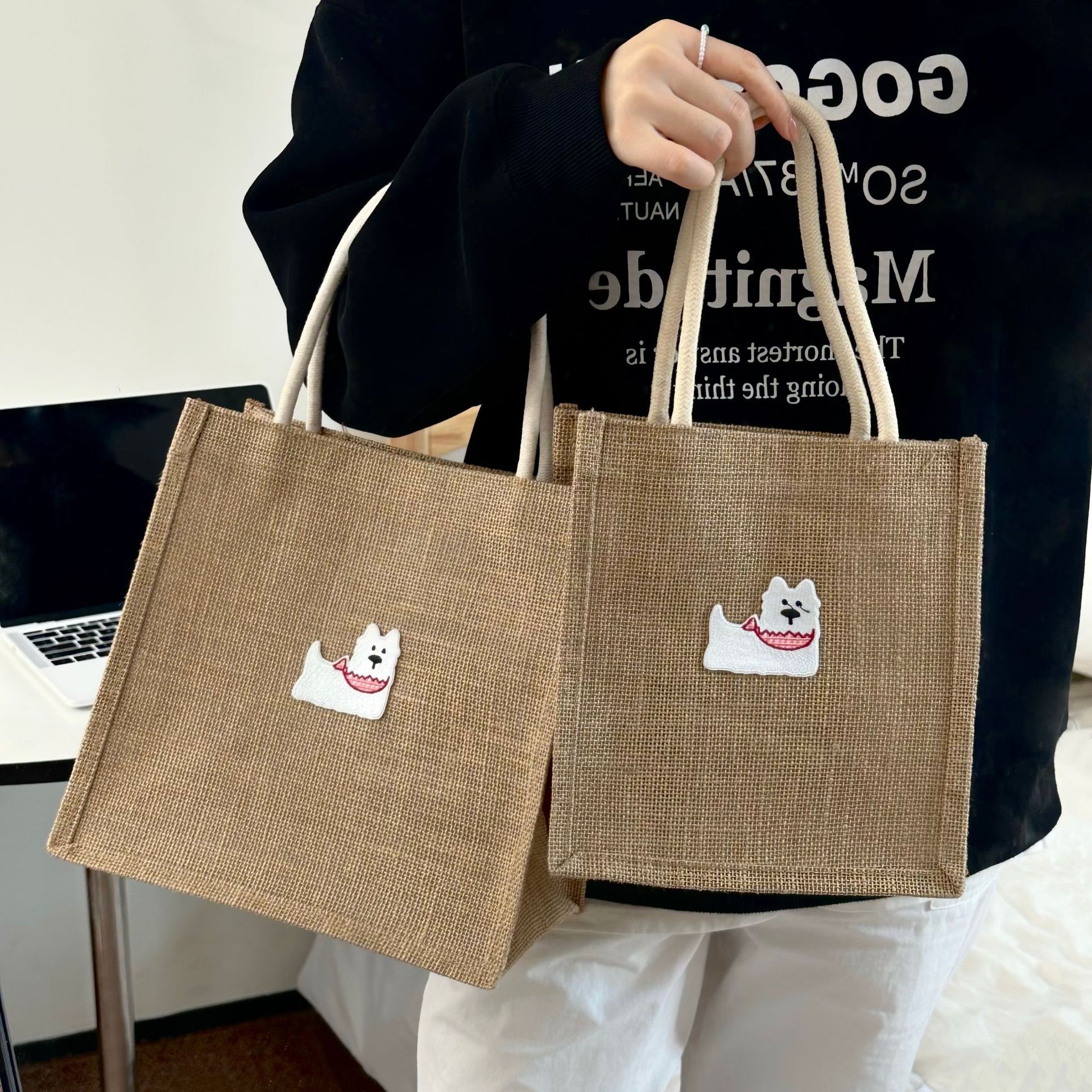 Bib bag, dog, jute bag, storage bag, female summer student, tote cotton and linen bag, shopping bag, handbag, lunch box storage bag details Picture