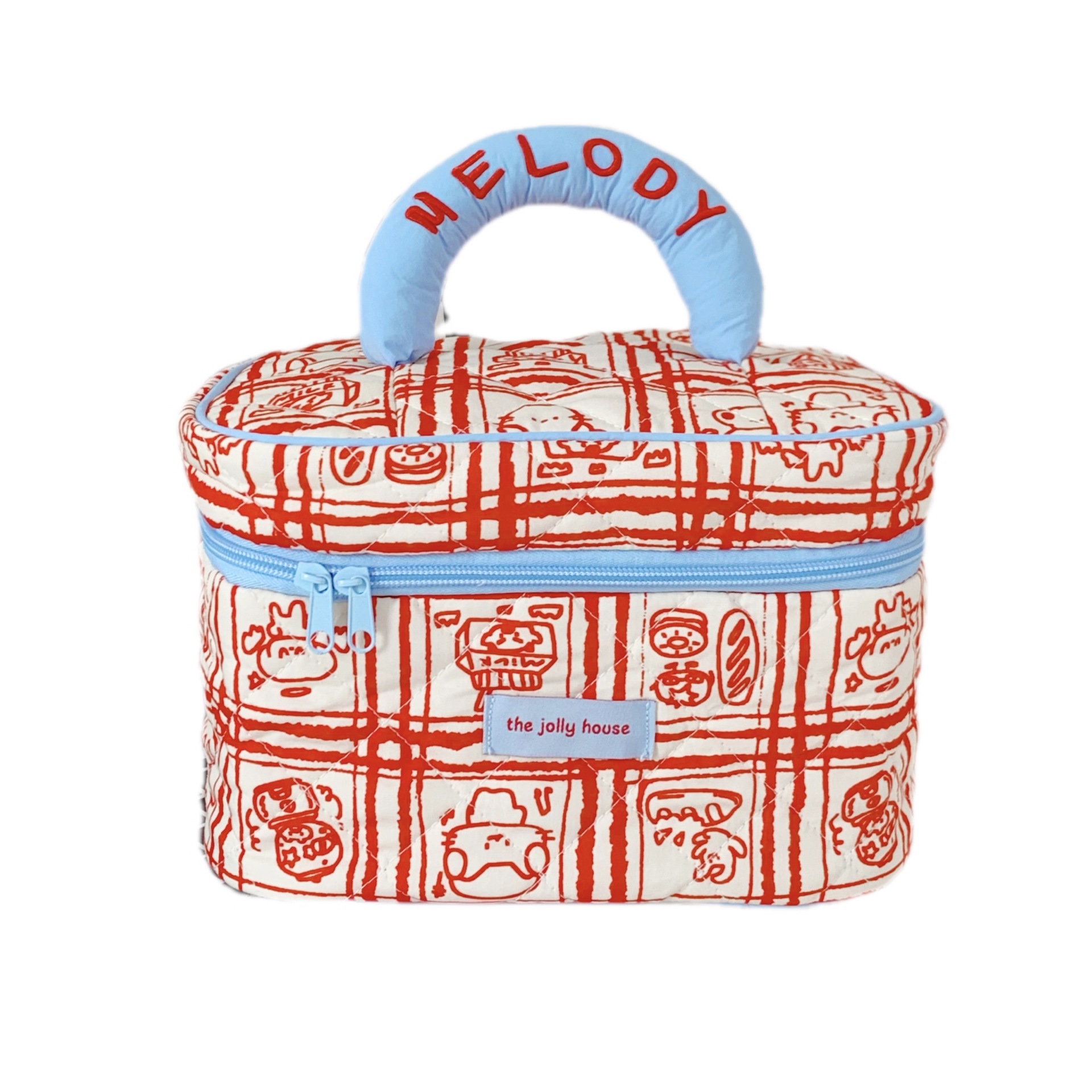 Red checkered cartoon storage bag, makeup bag, large-capacity hand-held toiletry bag for women, portable skin care product storage bag for going out Item Picture